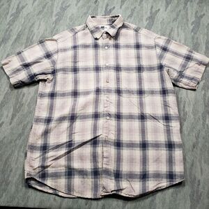 Studio Alx‎ Shirt Mens Medium Beige Blue Striped Linen Blend Short Sleeve Button